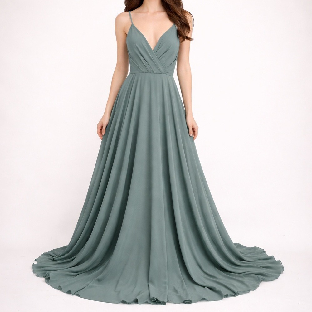 BHLDN Eva Maxi Dress Sage Green Chiffon V-Neck Bridesmaid Formal Evening Gown S